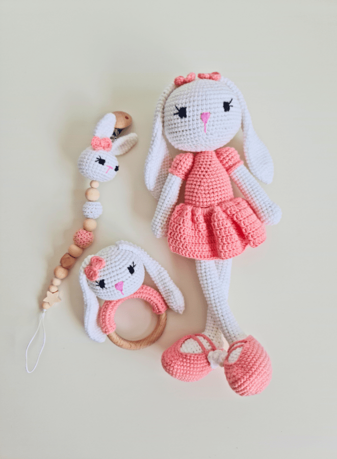 Handmade Natural Wooden and Cotton Crochet Doll with rattle and Pacifier Chain for Toddlers, Pink Bunny, 25cm