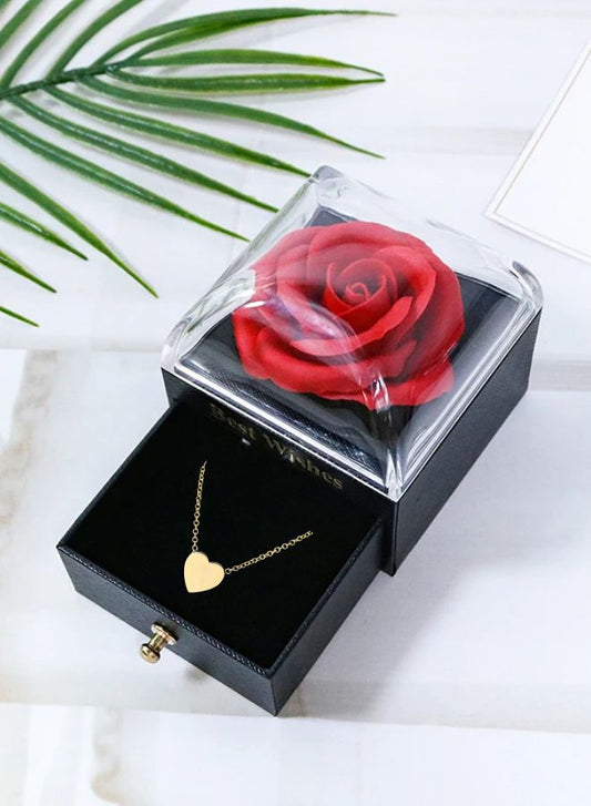 Preserved Red Rose Jewelry Box with Heart Shape Gold Necklace - Included Greeting Card and Bag, Gifts for Mom, Wife, Girlfriend on Valentines Day, Mothers Day