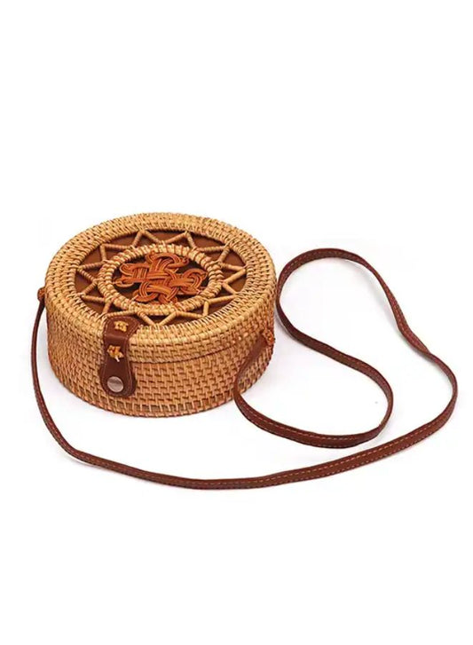 Hand made Round Rattan Bag for Women - Ladies Handmade Straw Bags - Trendy Wicker Purse with Brown Circle Design - Stylish Crossbody Bags for Fashionable  Vibes for Girls