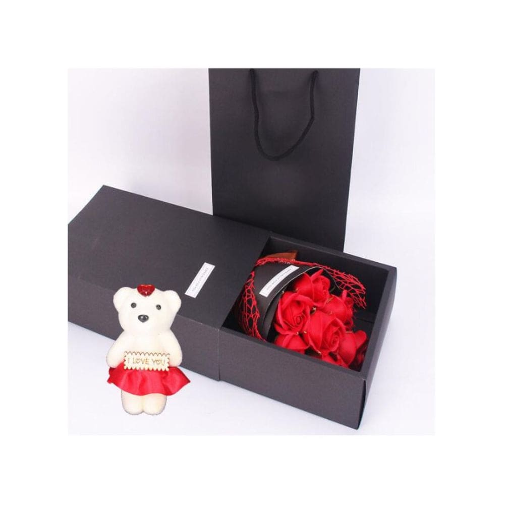 7 Rose Soap Flower With Teddy Bear Gift Box Small Bouquet For Wedding, Birthday,Christmas,Mother's Day, Valentine Day Gifts Fatio General Trading