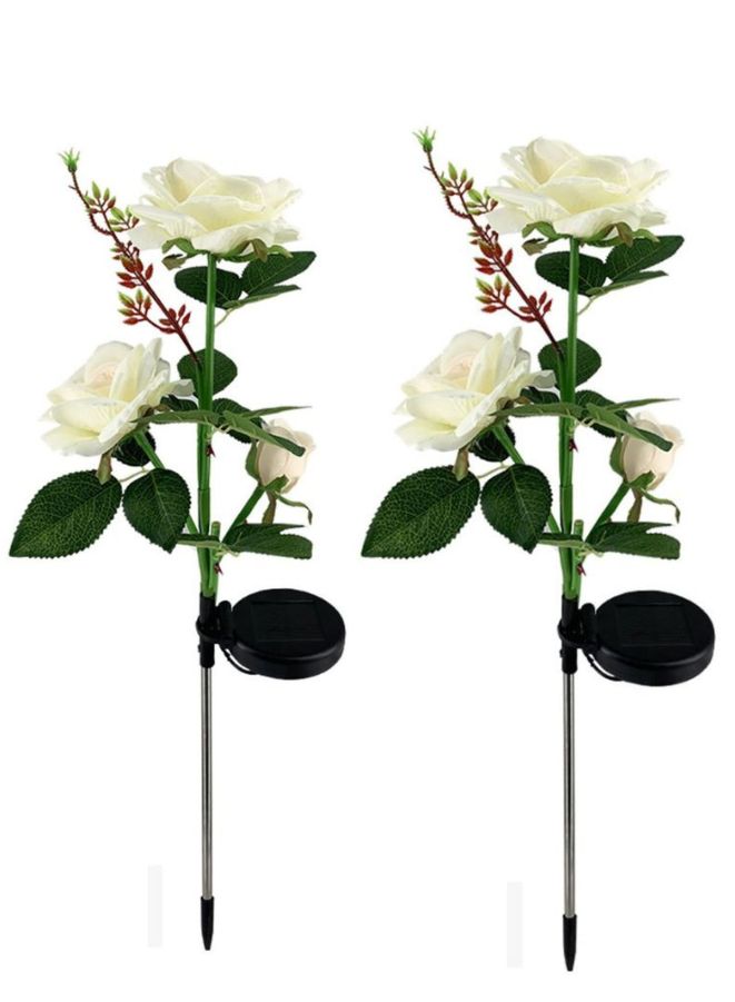 2 Pcs Beautiful Waterproof Solar Powered LED Artificial Plants For Outdoor Garden, White Rose