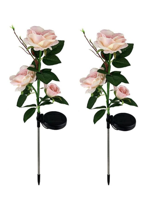 2 Pcs Beautiful Waterproof Solar Powered LED Artificial Plants For Outdoor Garden, Pink Rose