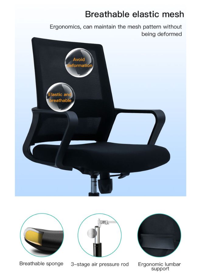 Medium Back Mesh Office Chair With Headrest, Height Adjustable Black Frame Chair, Black