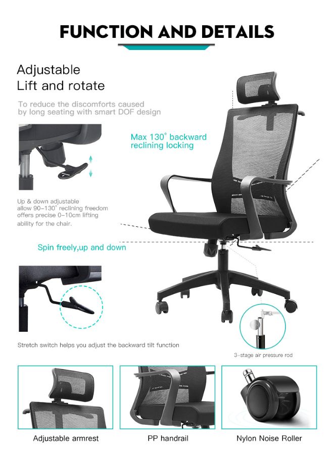 Heavy Duty Breathable Mesh Office Chair With Headrest and Adjustable Height Settings