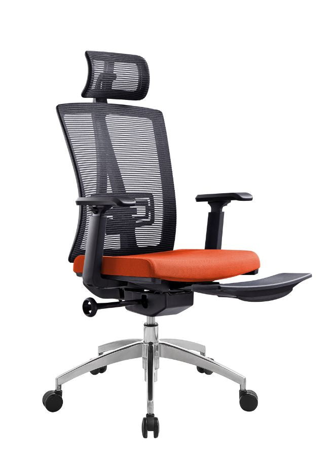 Orange office chair with footrest