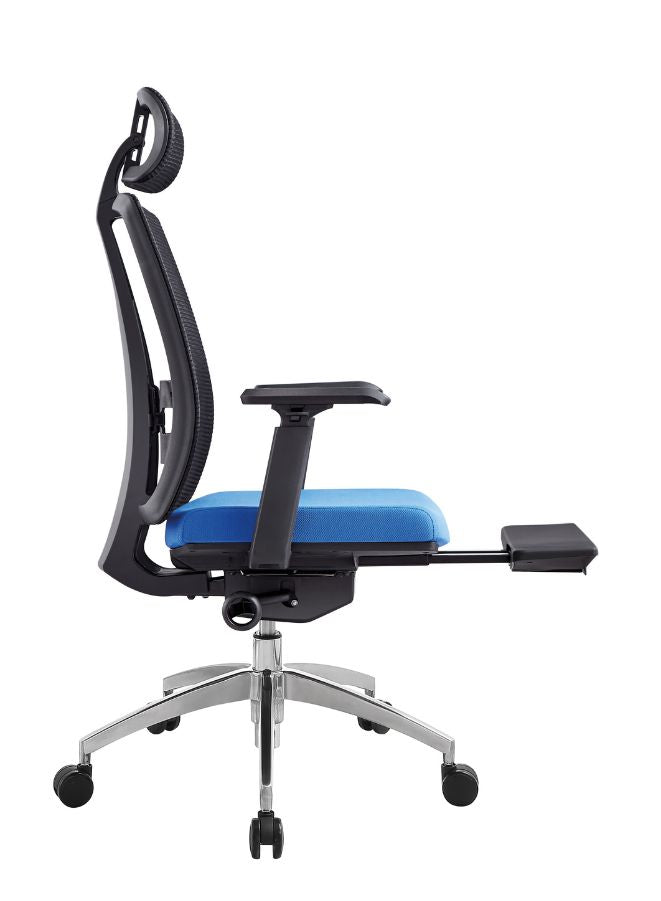 Blue office chair with footrest