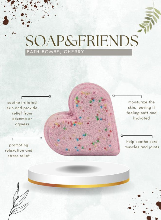 Soap&Friends Cherry Bath Heart: Aromatic Effervescent Bath Bomb - 120g