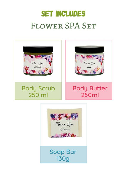 Flower Scent Body Butter, Body Scrub & Soap Bar – Set of 3 – Nourishing Skincare Gift for Women