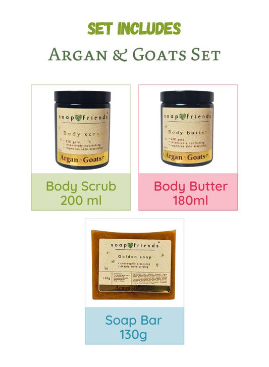 Argan & Goat Milk Body Scrub, Body Butter & Soap Bar Gift Set by Soap&Friends, Set of 3