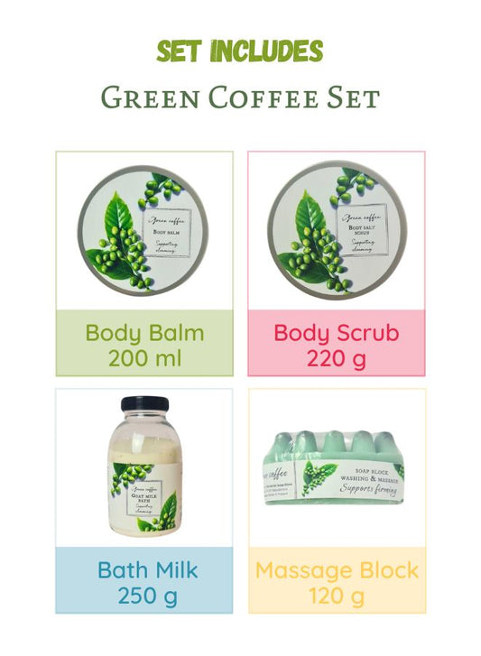 Green Coffee Slimming Bath Milk, Body Balm, Body Scrub & Massage Block Gift Set, Set of 4