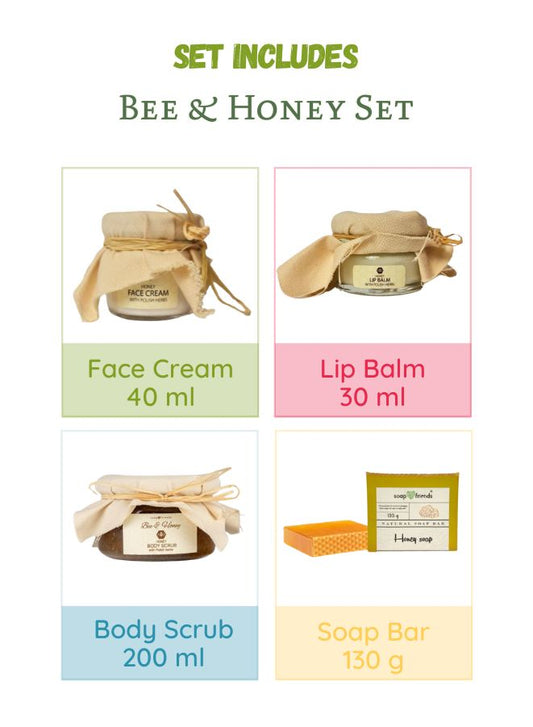 Honey Face Cream, Lip Balm, Soap Bar & Body Scrub Gift Set by Soap&Friends, set of 4