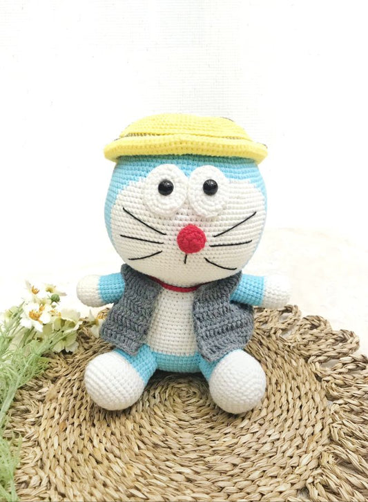 Handmade Crochet Doraemon Doll with Detachable Hat – 23cm Plush Toy