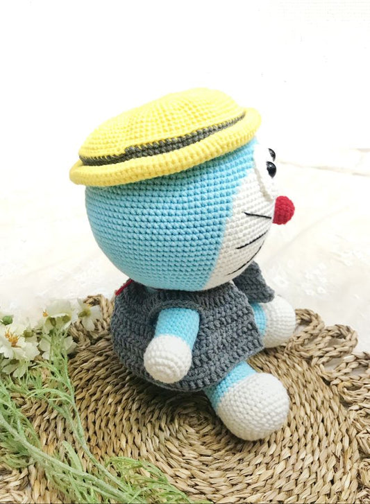 Handmade Crochet Doraemon Doll with Detachable Hat – 23cm Plush Toy