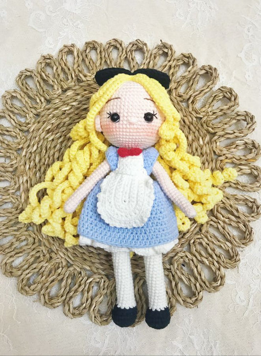 Handmade Crochet Girl Doll in Blue Dress – 21cm Soft Plush Toy