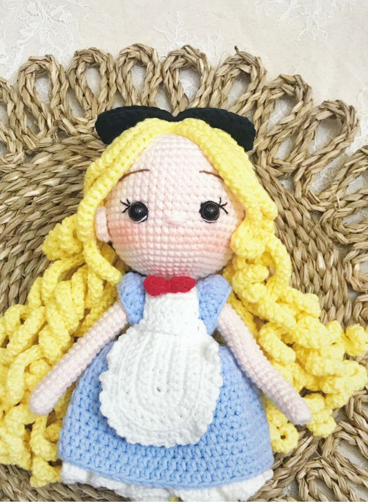 Handmade Crochet Girl Doll in Blue Dress – 21cm Soft Plush Toy