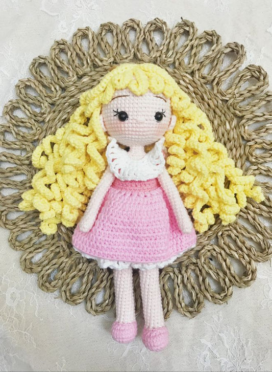 Handmade Crochet Girl Doll in Pink Dress – 21cm Soft Plush Toy