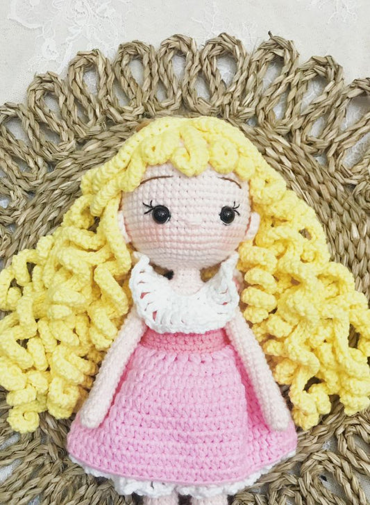 Handmade Crochet Girl Doll in Pink Dress – 21cm Soft Plush Toy