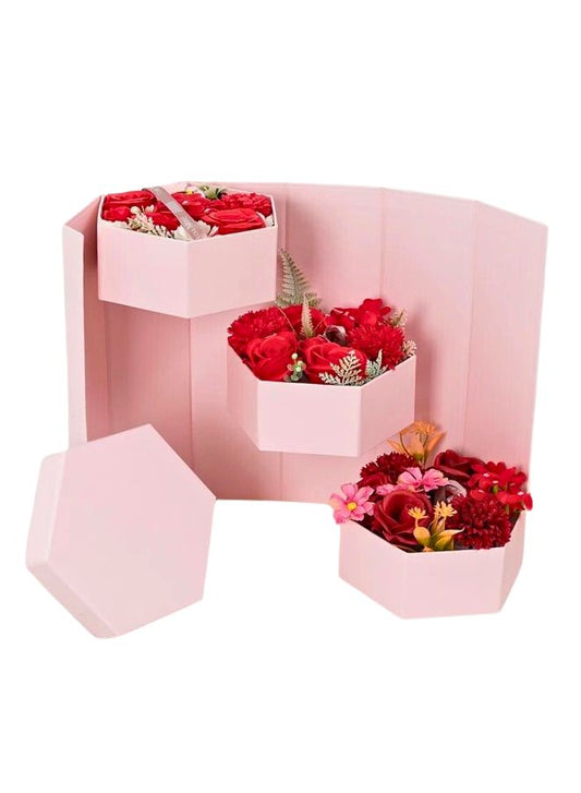 Hexagon Shape Surprise Flower Gift Box, 3 Tier, Gift for anniversary, wedding and Valentine's Day (Pink)
