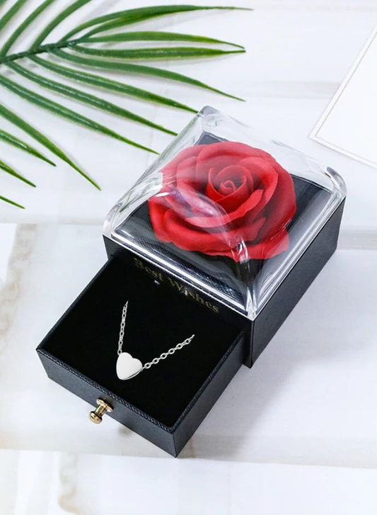 Preserved Red Rose Jewelry Box with Heart Shape Silver Necklace - Included Greeting Card and Bag, Gifts for Mom, Wife, Girlfriend on Valentines Day, Mothers Day