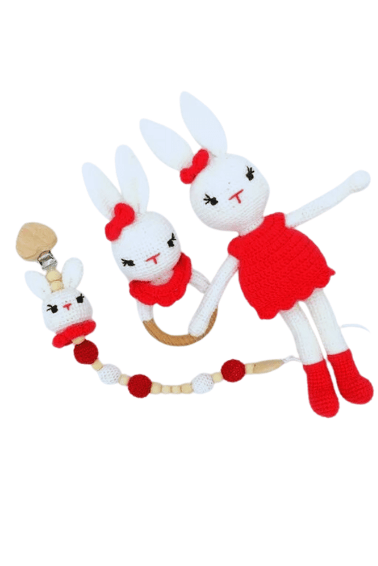 Handmade Natural Wooden and Cotton Crochet Doll with Rattle and Pacifier Chain for Toddlers, Red Bunny, 25cm