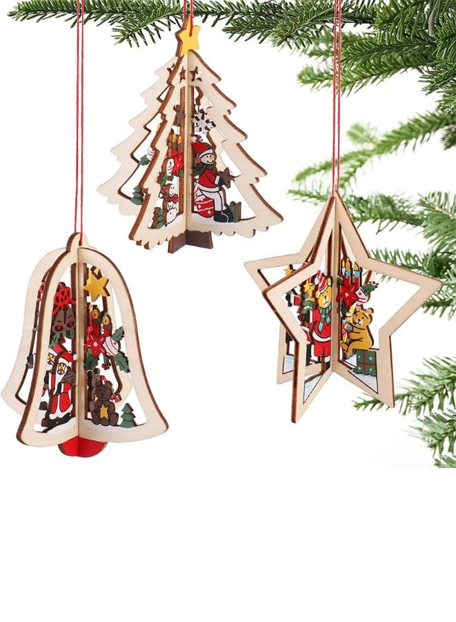 Christmas Tree Pendants Wooden Hollow 3D Ornaments for Party Decoration Bell Fatio General Trading
