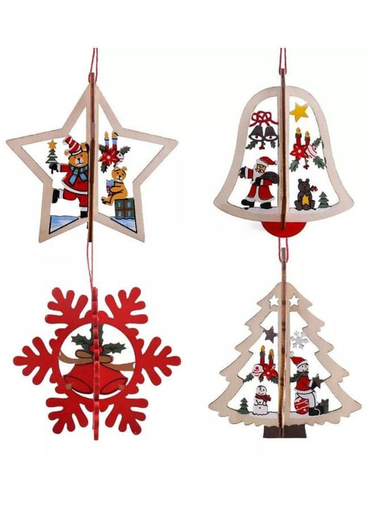Christmas Tree Pendants Wooden Hollow 3D Ornaments for Party Decoration Pack of 4 Fatio General Trading