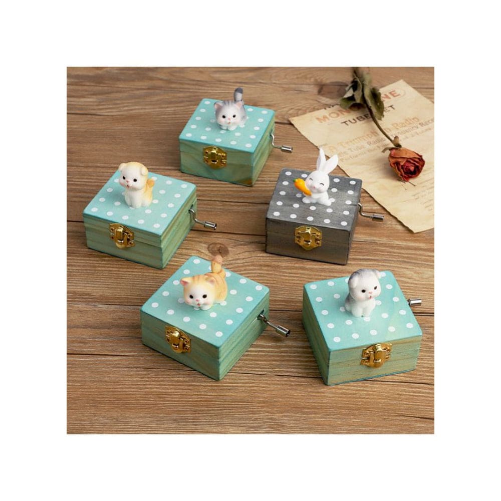 Cute animal hand crank music box wooden crafts ornaments music box, Mini Gift Wrapped Wooden Hand Crank Music Box with Lovely Pet Fatio General Trading