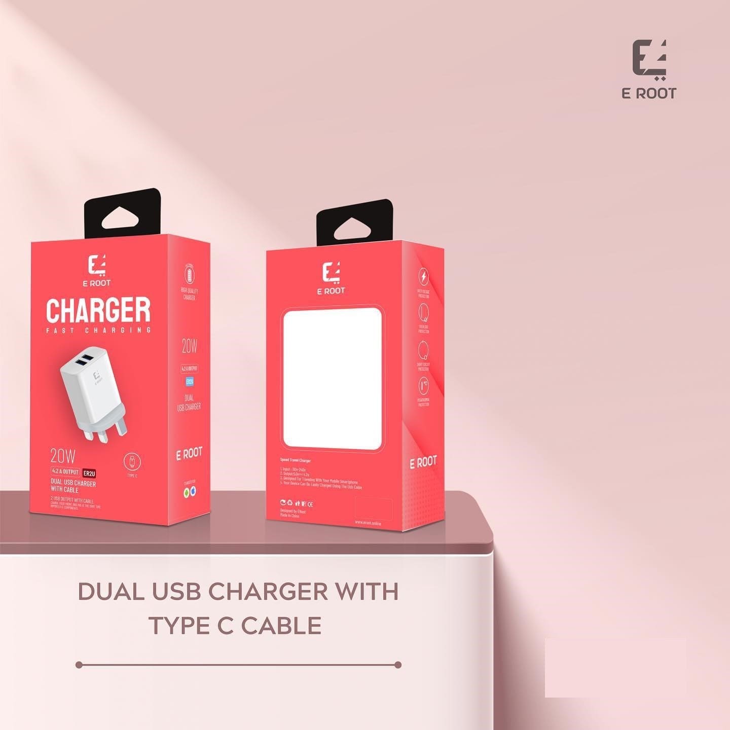 E-Root Dual usb charger with C-Type cable Fatio General Trading