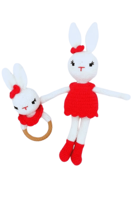 Handmade Natural Wooden and Cotton Crochet Doll with Rattle and Pacifier Chain for Toddlers, Red Bunny, 25cm