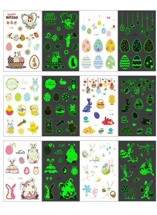 Easter Glow Temporary Tattoos for Kids, 288 Pieces Waterproof Mixed Style Cartoon Fake Tattoo, Glow in The Dark Fake Tattoos Easter bunny, eggs Waterproof Temporary Tattoo Stickers Fatio General Trading