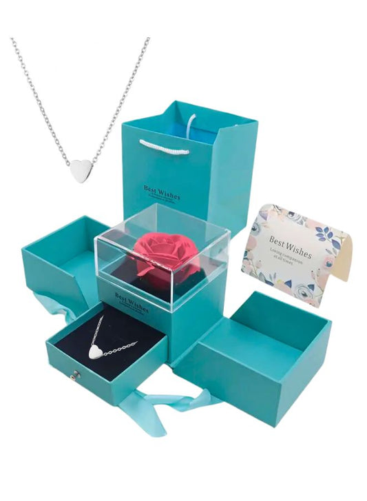 Rose Flower Jewelry Box and Silver Heart Pendant Necklace With Greeting Card and Bag, Rose Gift for Valentine's Day