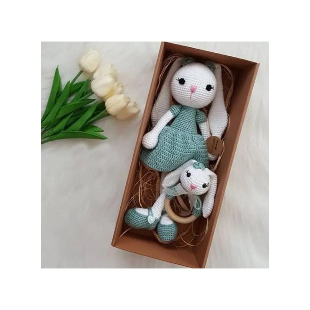 Handmade Natural Wooden and Cotton Crochet Toy Doll with rattle and Pacifier Chain for Baby Friend Amigurumi Crochet Sleeping Buddy for Kids and Adults, Bunny 5 25cm Fatio General Trading