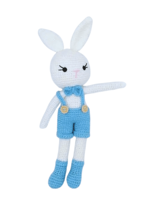 Handmade Natural Wooden and Cotton Crochet Toy Doll with rattle and Pacifier Chain for Toddlers, Blue Bunny, 25cm