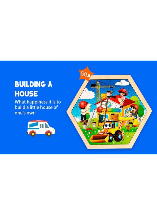 Large Piece Puzzles for Kids Children Wooden Puzzle 50 Pieces Educational Cartoon Puzzle Game Kids Toys Build A House Fatio General Trading