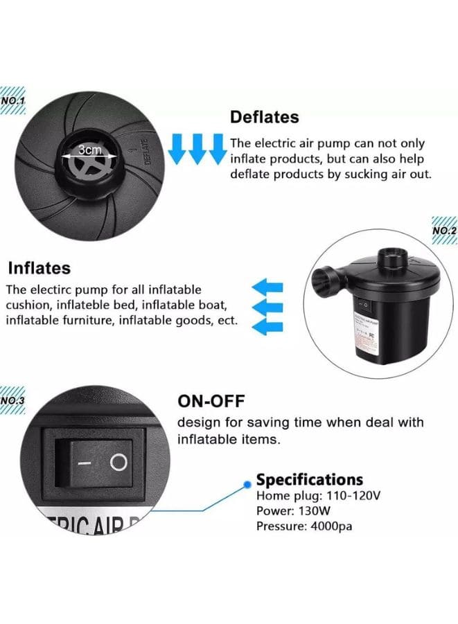 Portable Electric Air Pump Super Powerful Quick-Fill for All Inflatables with 3 Nozzles, Inflator/Deflator Pump for Outdoor Camping, Pool, Air Mattress, Swimming Rings and more Fatio General Trading