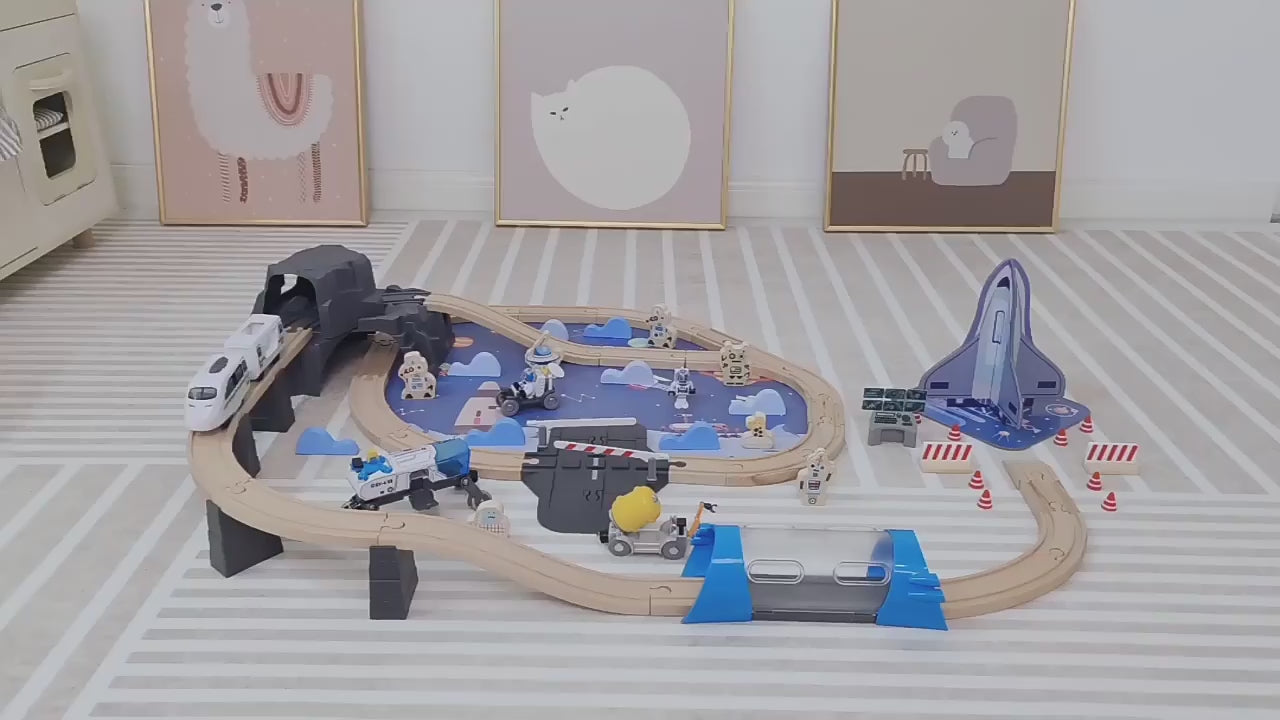 Wooden Space Rail Track Set Kids Toys Wood Puzzle Austronaut Rail Transit Electric Train Track For Space Shuttle Children Toy