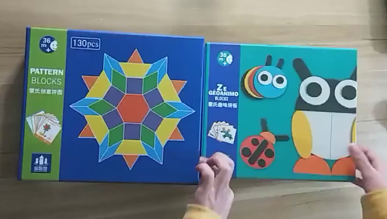 Wooden Pattern Blocks Geometric Shapes Animals Puzzle Early Educational Toys Tangram Set for Kids with 20 Design Cards