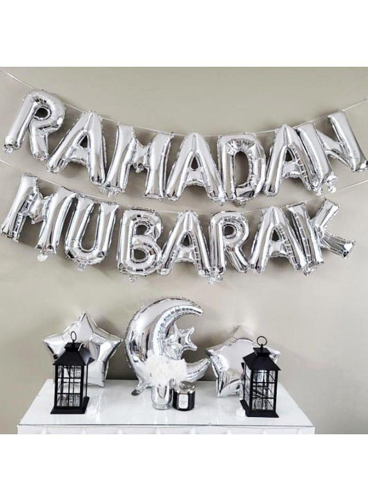 Ramadan Mubarak Balloon Set of 33 Pcs, Premium Quality Shiny Silver Balloons Set for Eid Decorations Ramadan Party Decoration