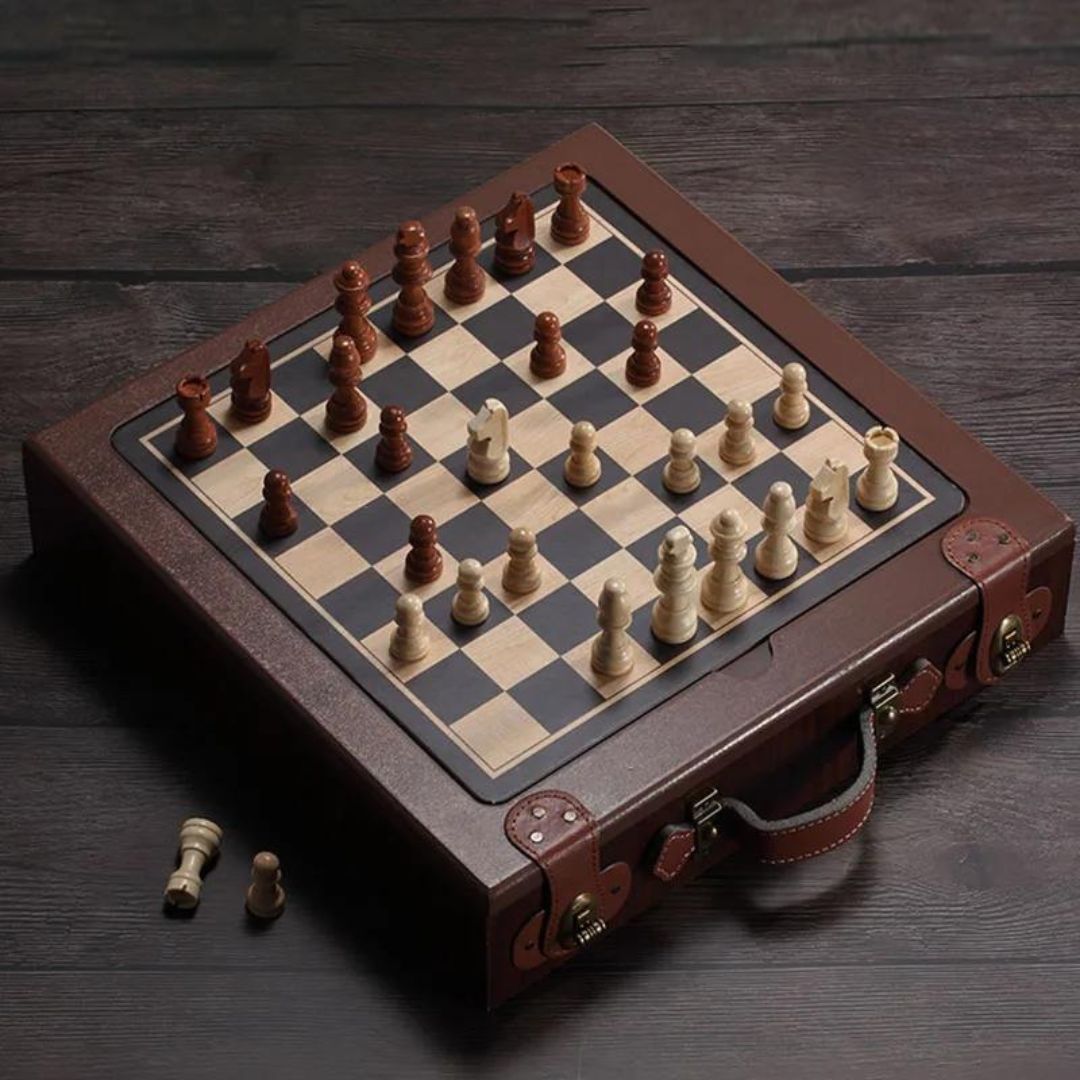 Multifunctional Chess Board in Wooden Case - 12-in-1 Set