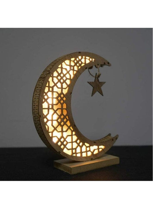 Ramadan Eid Mubarak Ornaments Wooden Moon Shape Night Light LED Muslim Ramadan Table Light Crafts Desktop Decoration for Festival Home Party Fatio General Trading