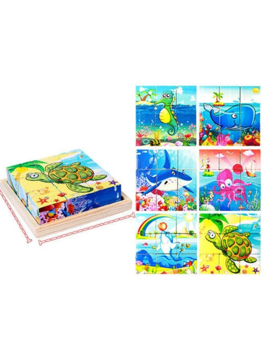 Six-sided 3D Cubes Jigsaw Puzzles With Wooden Tray Toys For Children Kids Educational Toys Funny Games, Marine Animals Fatio General Trading