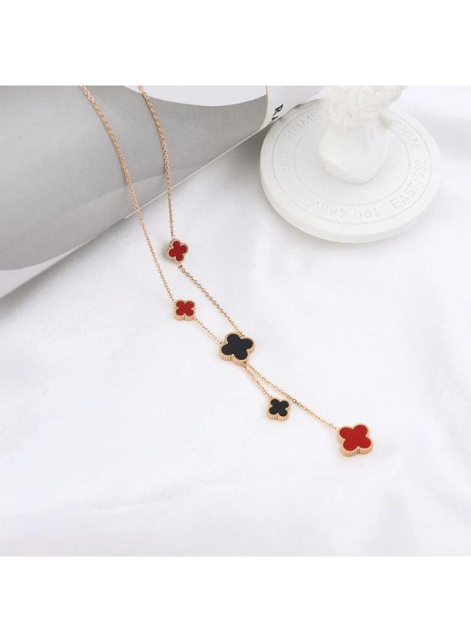 Stylish Double Sided Red and Black Clover Shell Pendant Necklace for Women - Timeless Beauty in Stainless Steel 18k Fatio General Trading