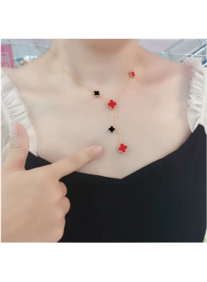 Stylish Double Sided Red and Black Clover Shell Pendant Necklace for Women - Timeless Beauty in Stainless Steel 18k Fatio General Trading