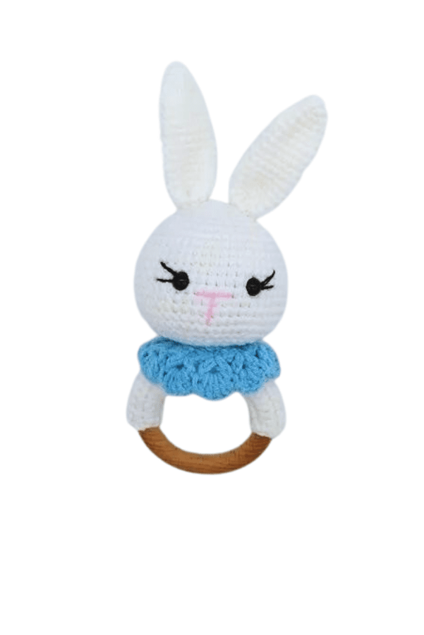 Handmade Natural Wooden and Cotton Crochet Toy Doll with rattle and Pacifier Chain for Toddlers, Blue Bunny, 25cm