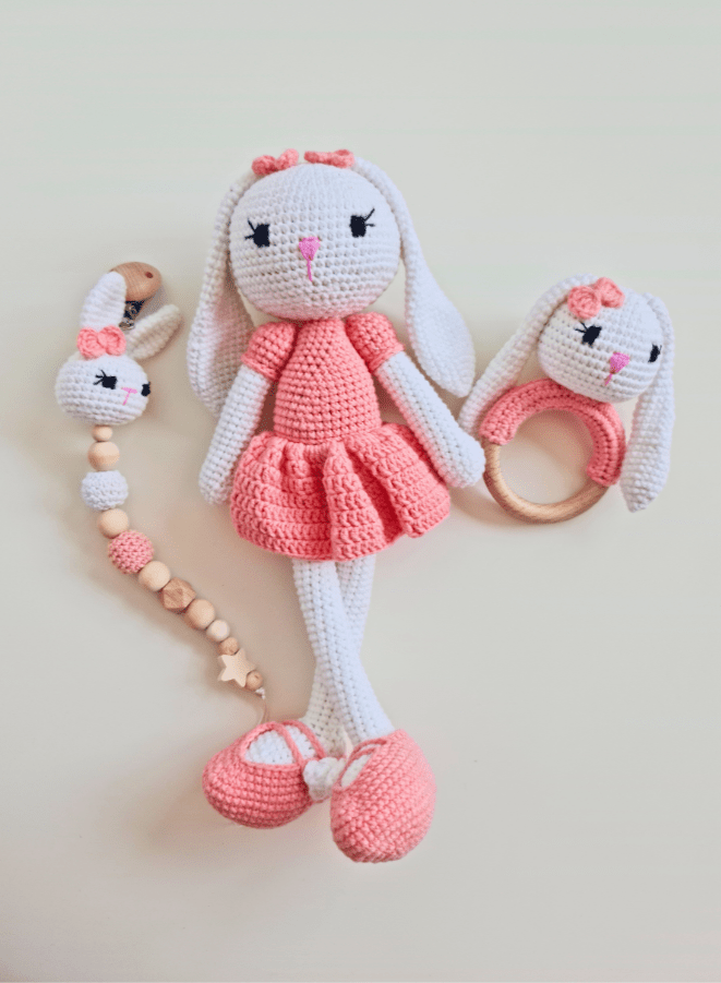 Handmade Natural Wooden and Cotton Crochet Doll with rattle and Pacifier Chain for Toddlers, Pink Bunny, 25cm