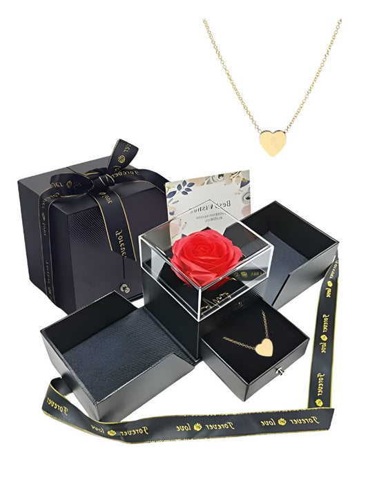 صندوق مجوهرات مصنوع يدويًا على شكل زهرة الورد وقلادة على شكل قلب ذهبي، يتضمن بطاقة تهنئة وحقيبة، هدية وردية لعيد الحب