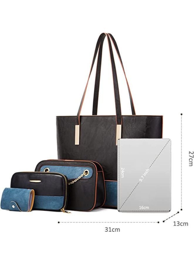 Women's 4-Piece Leather Tote Bag, Top-Handle Shoulder Bag, Blue/Patchwork Fatio General Trading