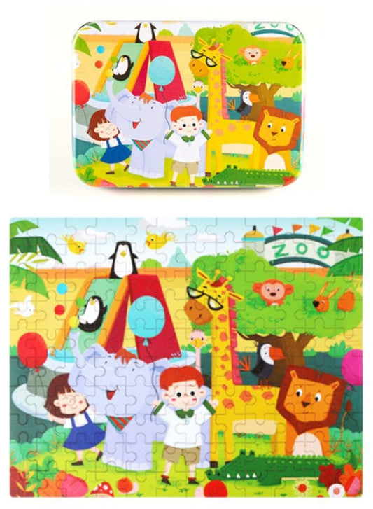 Wooden Jigsaw 120 Pieces Cartoon Animals Fairy Tales Puzzles Children Wood Early Learning Set Montessori Education Toy Kids Gift, Animals Fatio General Trading