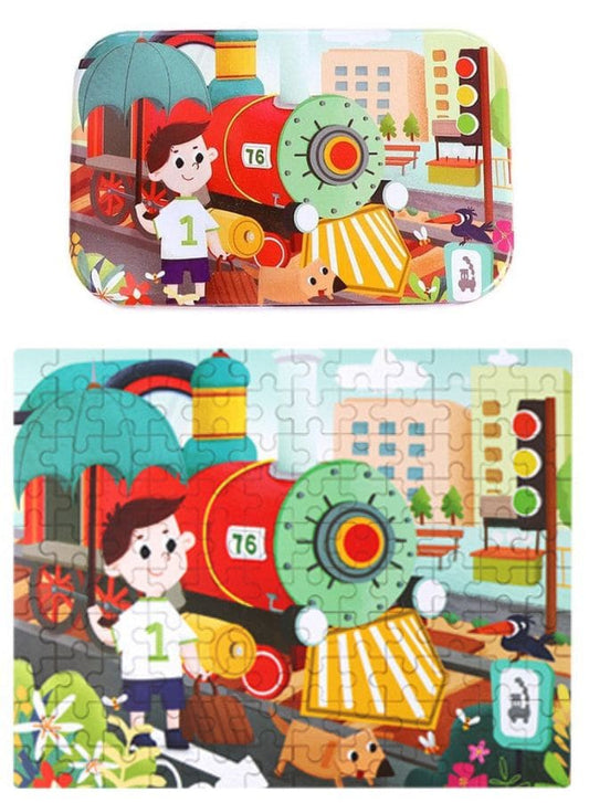 Wooden Jigsaw 120 Pieces Cartoon Animals Fairy Tales Puzzles Children Wood Early Learning Set Montessori Education Toy Kids Gift, Train Fatio General Trading