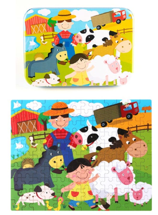 Wooden Jigsaw 120 Pieces Cartoon Animals Fairy Tales Puzzles Children Wood Early Learning Set Montessori Education Toy Kids Gift, Farm Animals Fatio General Trading